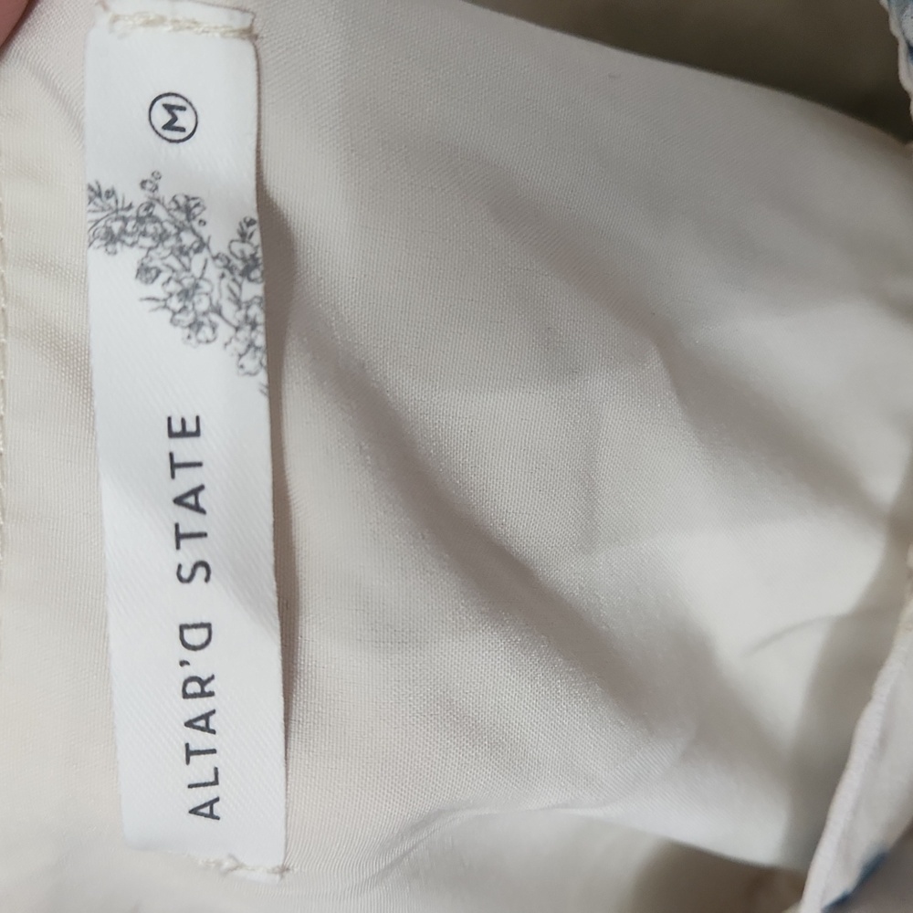 Altar'd State Fern Floral Mini Dress Ivory Blue Babydoll Puff Sleeve Cottagecore - Picture 8 of 14